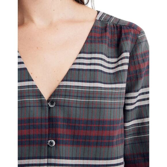 MADEWELL Pineview Plaid Button Front Blouse Top Striped Green Red Cozy Chic S/M - Picture 3 of 13